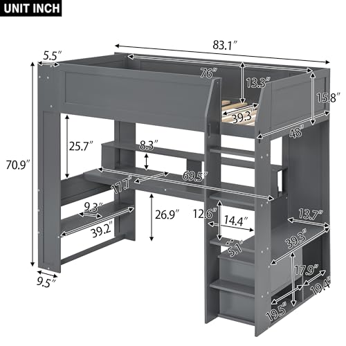 Wood Twin Size Gaming Loft Bed with Desk and Charging Station, Dark Gray A9765