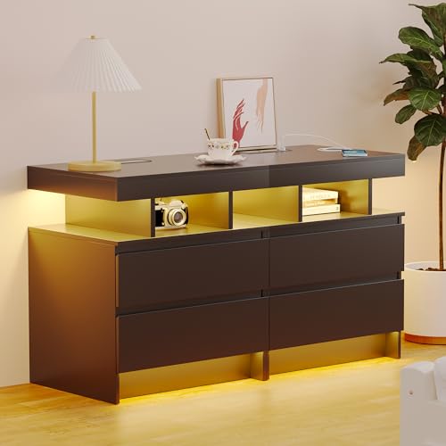 dnbss Nightstand with Wireless Charging Station, LED Lighting & Drawers, Black P995