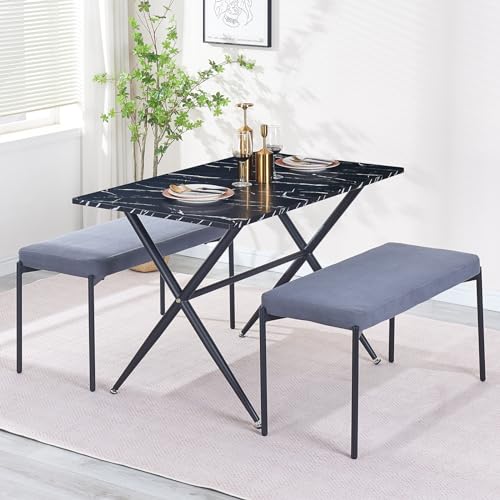 Dining Table Set for 4 Marbled Kitchen Table with 2 Dining Benches, 3 Piece Dining Room Set for Small Space and Apartment Home Kitchen (White and White)