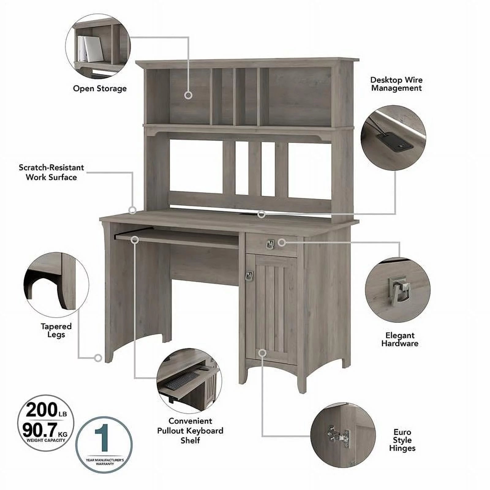 UrbanPro Farmhouse Small Computer Desk with Hutch, Driftwood Gray H8708
