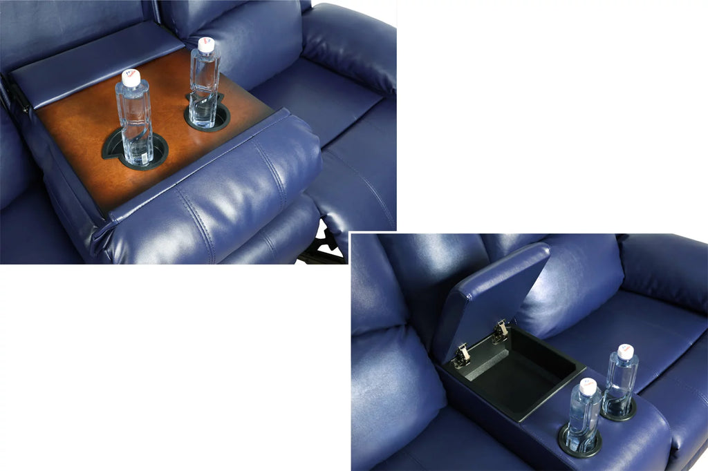 Ainehome Recliner Sofa & Loveseat Set with Drop Down Table, Blue Bonded Leather W980549