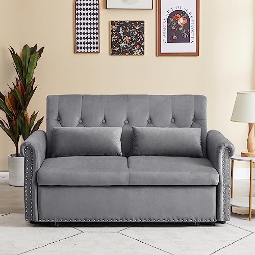 55" Button Tufted Upholstered Nailhead Decor Futon Loveseat Daybed Convertible Sleep Sofabed,3 in1 Reclining Backrest Love Seat w/Pull Out Sleeper Couch Bed Sofas, Gray Velvet 2 Pillows