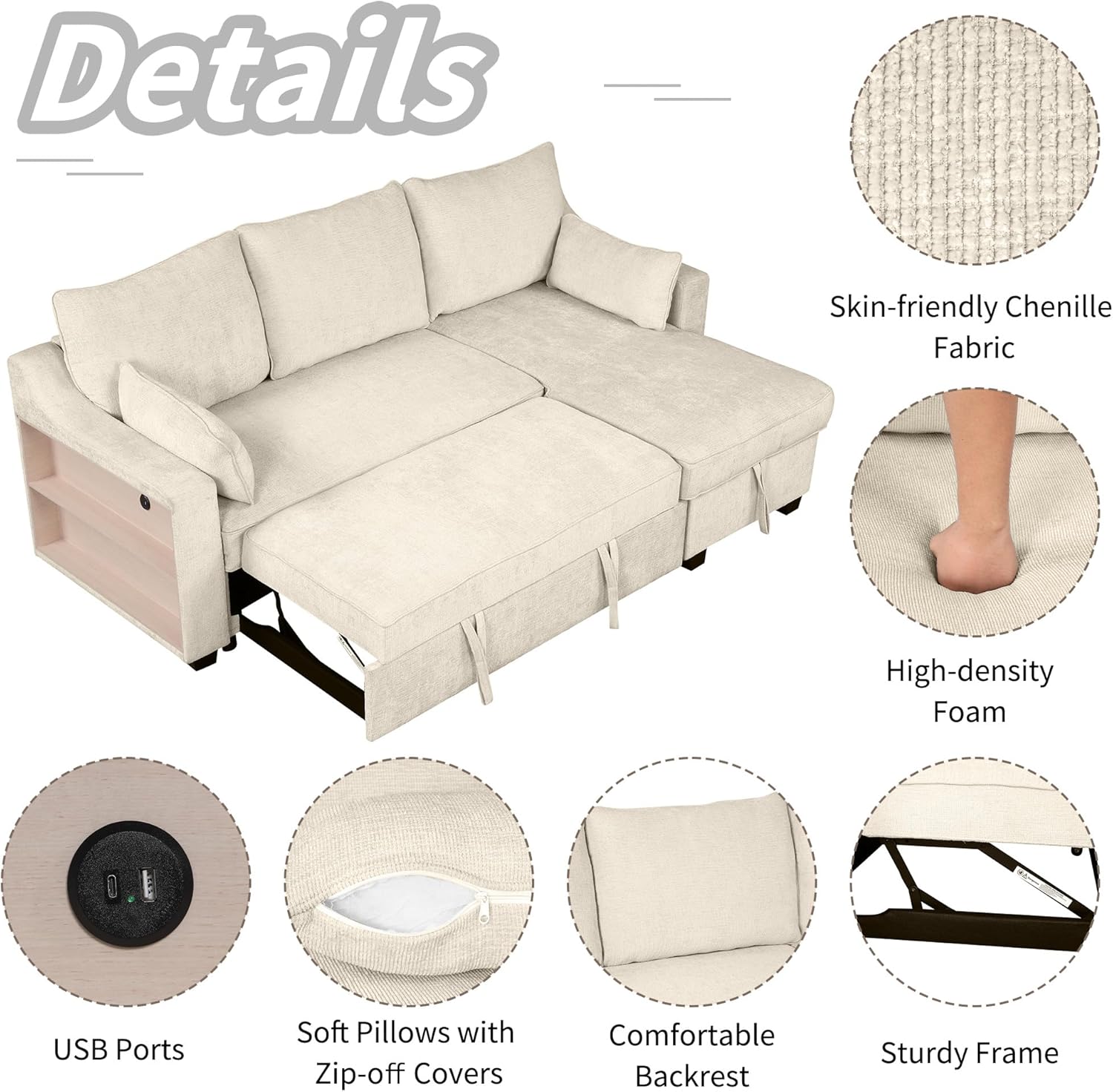 FANYE L-Shape Reversible Sleeper Sectional Couch with Storage and USB Ports R934