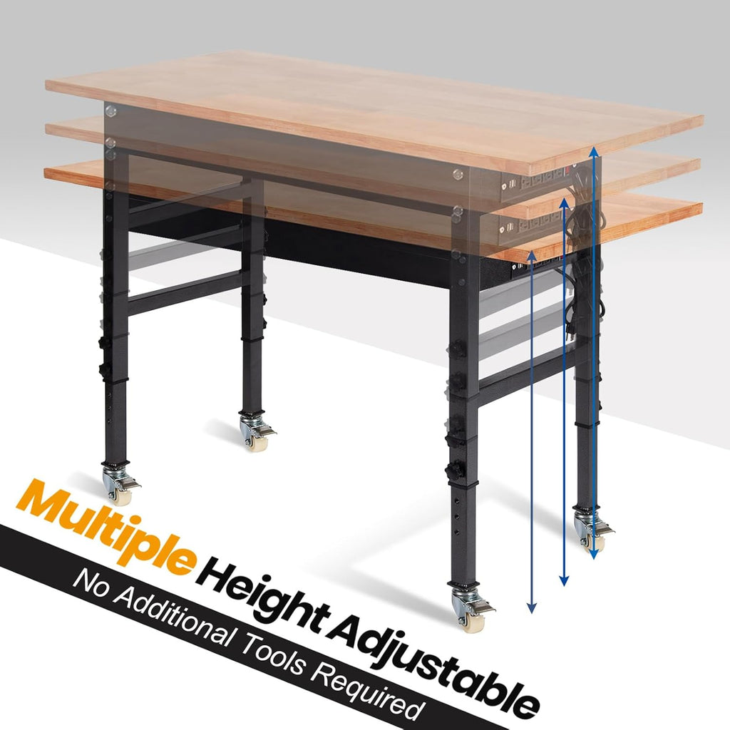 60" Adjustable Work Bench with Rubber Wood Top, Power Outlet & Wheels P226991