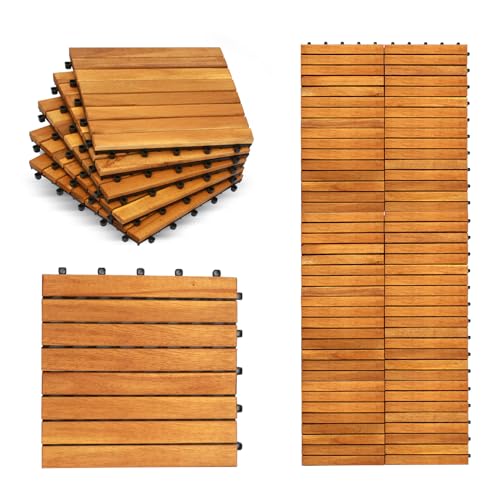 Interlocking Deck Tiles-10PCS Waterproof Acacia Wood Patio Tiles, Easy Snap Flooring Tiles for Indoor and Outdoor,Balcony, Entry, Poolside Tiles, 12”x12” (10sq.ft per Box) (Teak)