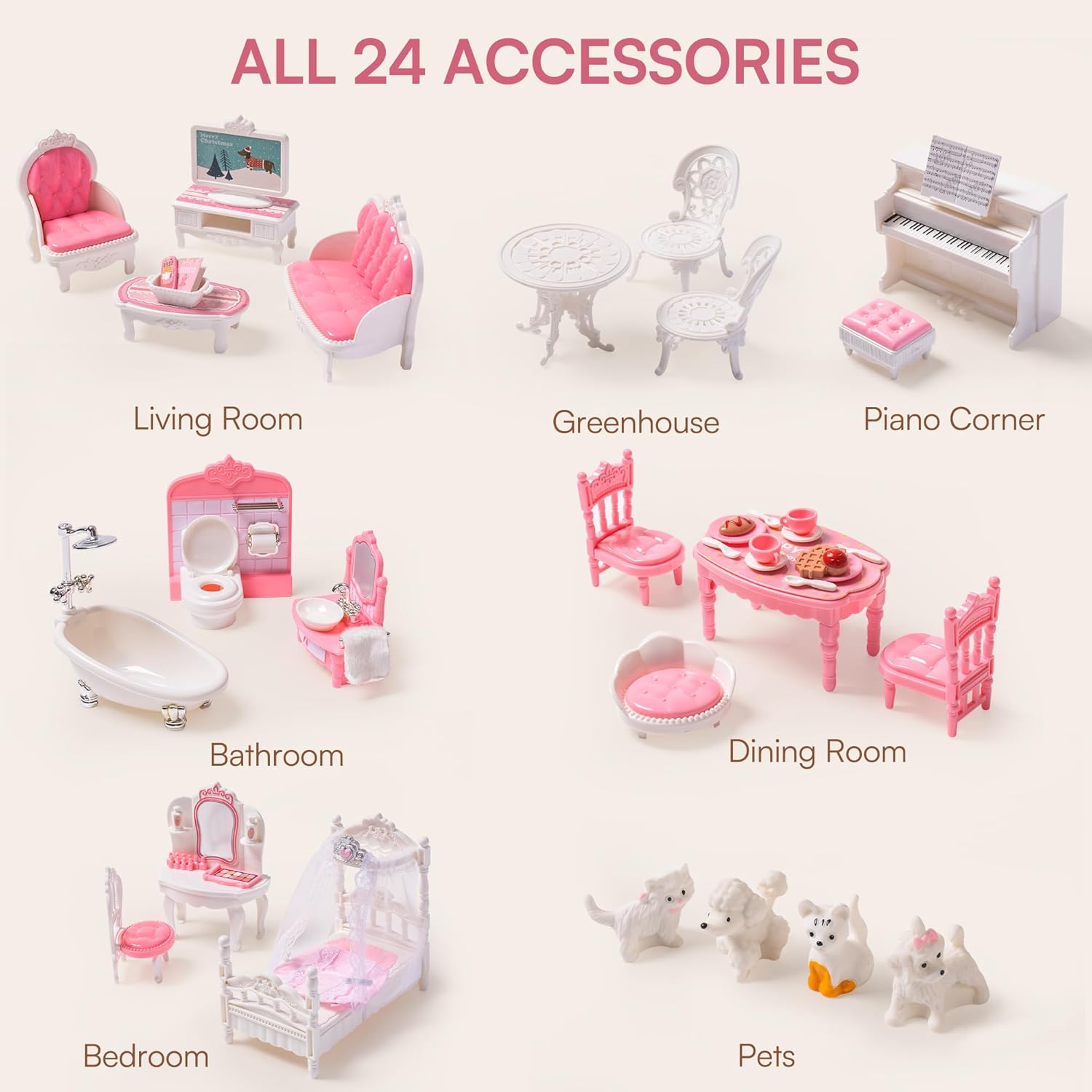 ROBUD Wooden Dollhouse Playset with 24 PCS Furniture for Kids G8520