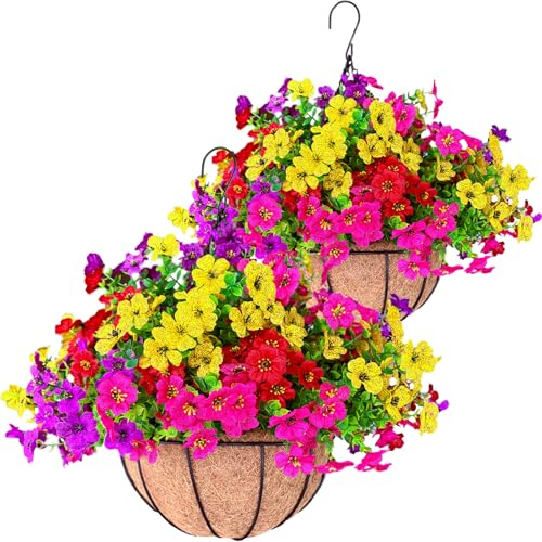 2 Sets Outdoor Artificial Flowers with Hanging Baskets, Yellow Orange G59149