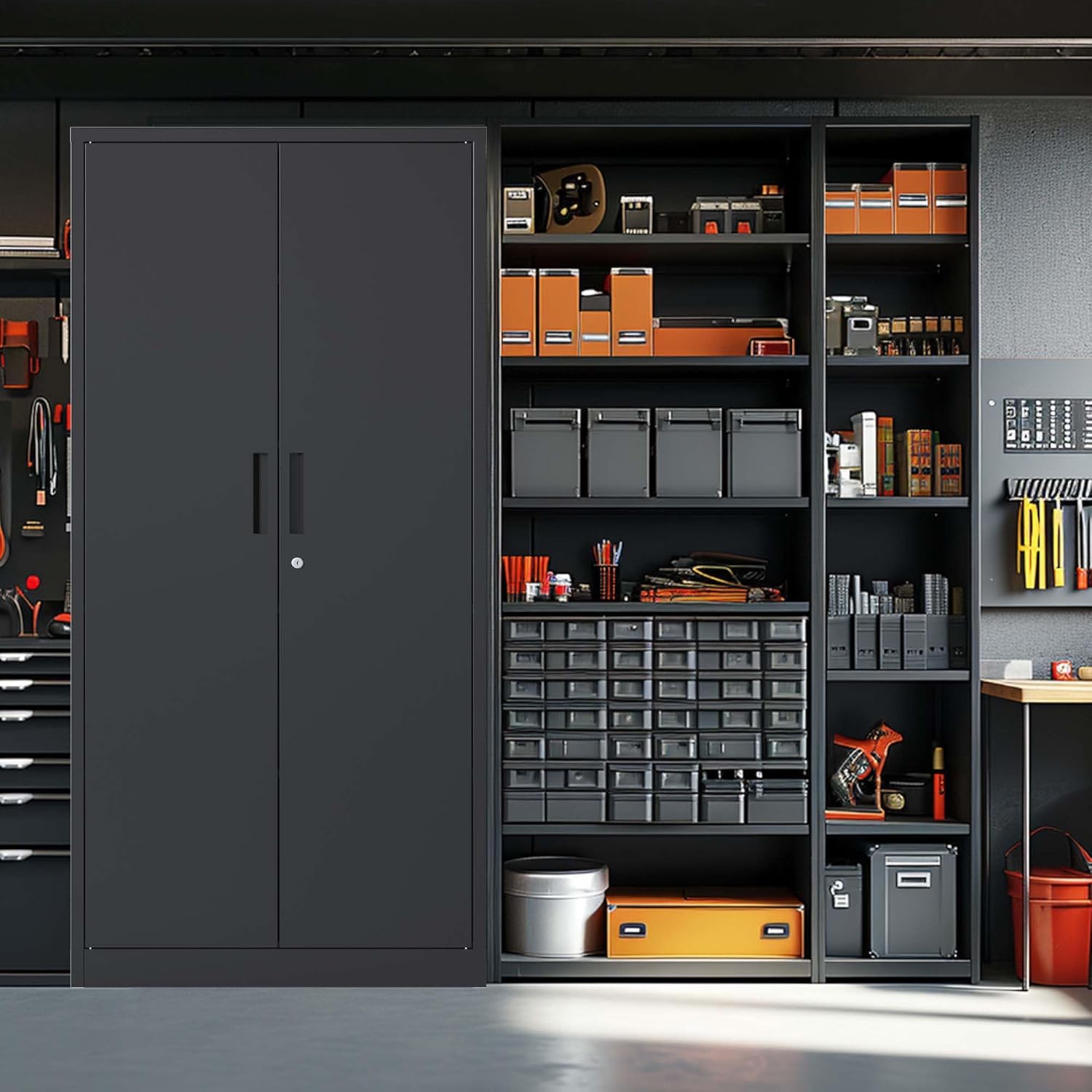 72" Metal Garage Storage Cabinet, Black Locking Cabinet with 4 Shelves B929240