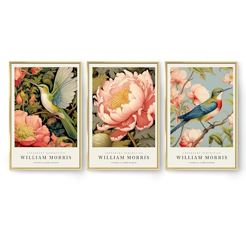 OVVGVV William Morris Wall Art set of 3 large Framed Vintage botanical Colorful Abstract Nature Flowers Canvas Art for Living Room Bedroom Office Decor(Style4, 3pcs 16x24 Gold Frame)