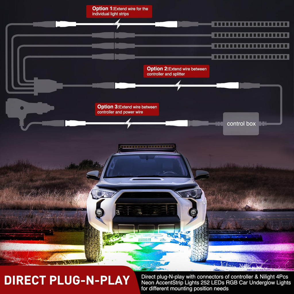 Nilight 2 Pack 5FT 4 Pin Extension Cable for Car Underglow Lights A6443