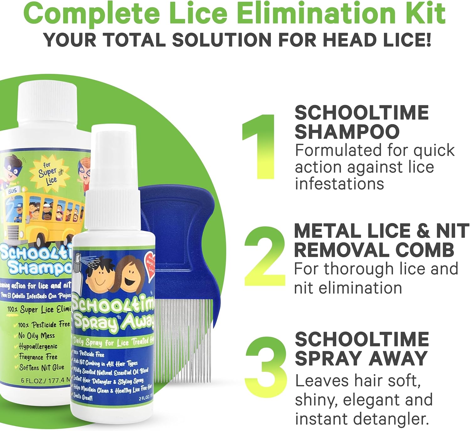 Lice Elimination Kit for Kids by Schooltime with Shampoo, Spray & Comb Z1714