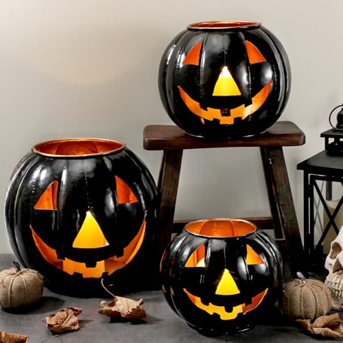 3 Sets Halloween Metal Jack O Lanterns with LED Candles and Black Cloth Decor X7670