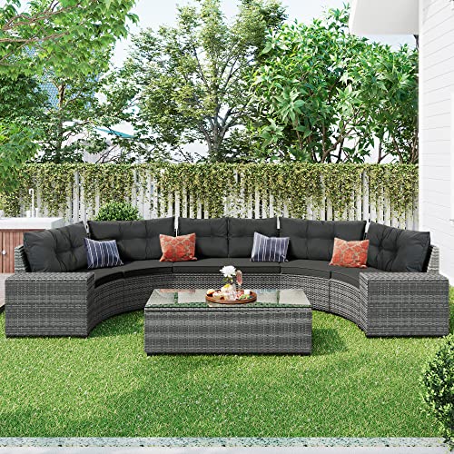 P PURLOVE 8 Piece Half Moon Sectional Round Patio Furniture Set, Outdoor Sectional Sofa Couch, Wicker Sofa Set with Washable Cushions and Glass Rectangular Coffee Table, for Garden, Backyard, Beige