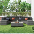 P PURLOVE 8 Piece Half Moon Sectional Round Patio Furniture Set, Outdoor Sectional Sofa Couch, Wicker Sofa Set with Washable Cushions and Glass Rectangular Coffee Table, for Garden, Backyard, Beige