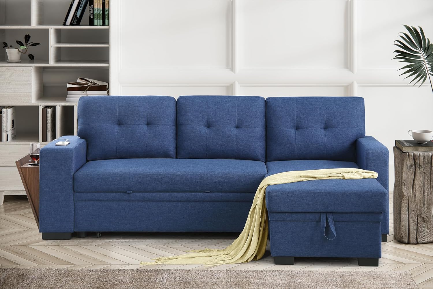 L-Shaped Sectional Sleeper Sofa with Storage Chaise and Pull-Out Bed, Blue S18057