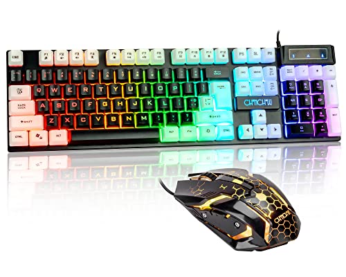 CHONCHOW LED Keyboard and Mouse, 104 Keys Rainbow Backlit Keyboard and 7 Color RGB Mouse, White Gaming Keyboard and Mouse Combo for PC Laptop Xbox PS4 Gamers and Work