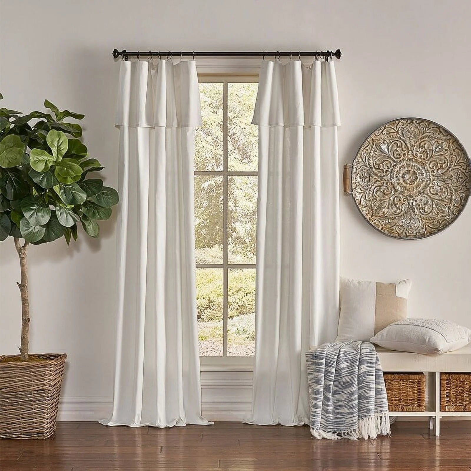 Mercantile Light Filtering Ring Top Farmhouse Curtain Panel with Valance Off White 84" X27357