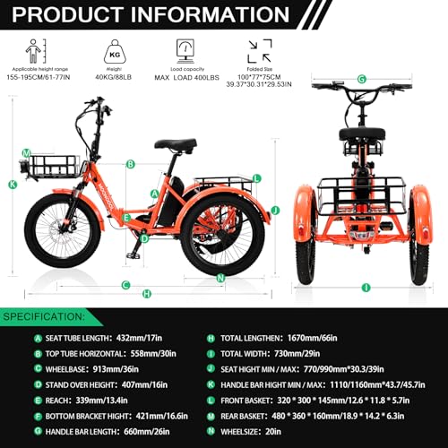 ABORON Electric Tricycle for Adults, 20" Aluminum E-Trike, 500W, 48V 14.5Ah, Front Suspension F959393