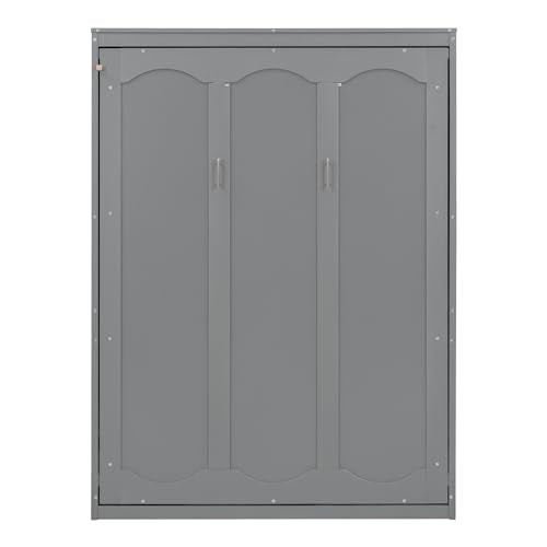 Queen Size Murphy Bed with Shelves, Foldable Wood Wall Bed, White V16042