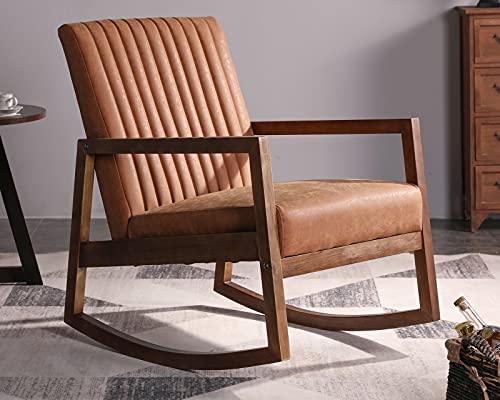 CIMOTA Leather Modern Rocking Chair Mid Century Armchair Upholstered Arm Chair with Padded Seat/Wood Frame, Comfy Rocker for Living Room/Bedroom, Retro Dark Brown PU