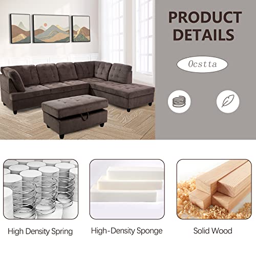 Corduroy L-Shaped Sectional Sofa with Ottoman, Brown E8673