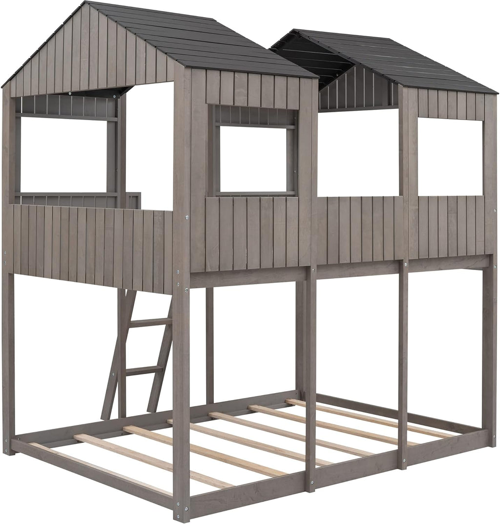 Full Over Full Wooden House Bunk Bed with Roof and Guard Rail, Antique Gray X7490