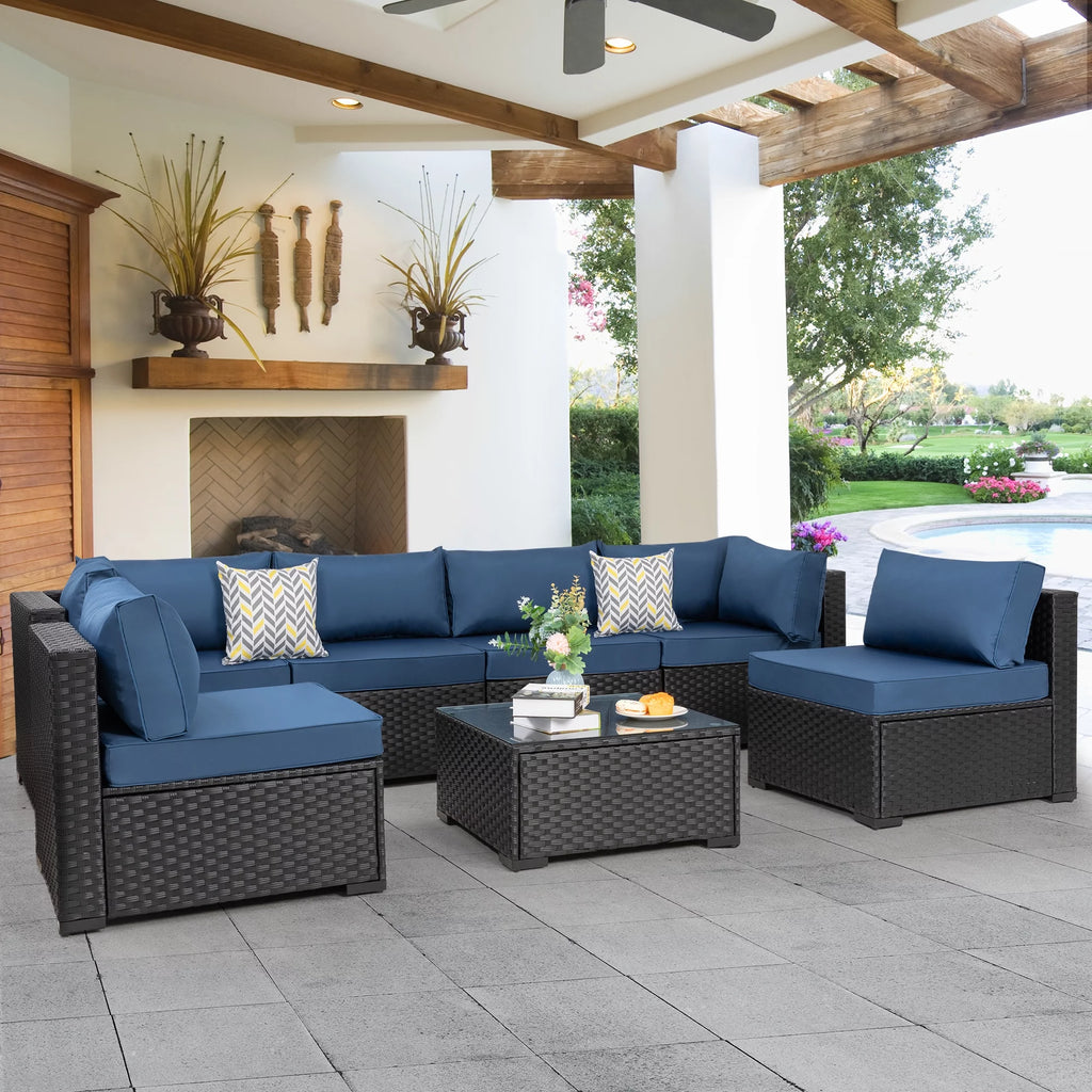 7 Piece Outdoor Sectional Sofa Set with Wicker Frame and Cushions U4327
