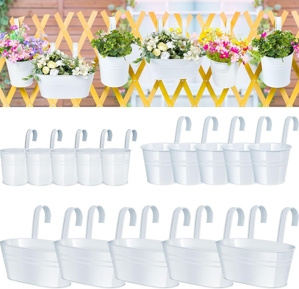 Nuanchu 15 Pcs Hanging Flower Pots White Oval Balcony Planters Round Railing Planter Flower Plant Holder Rustic Hanging Bucket Pots with Detachable Hooks for Window Wall Fence Decor