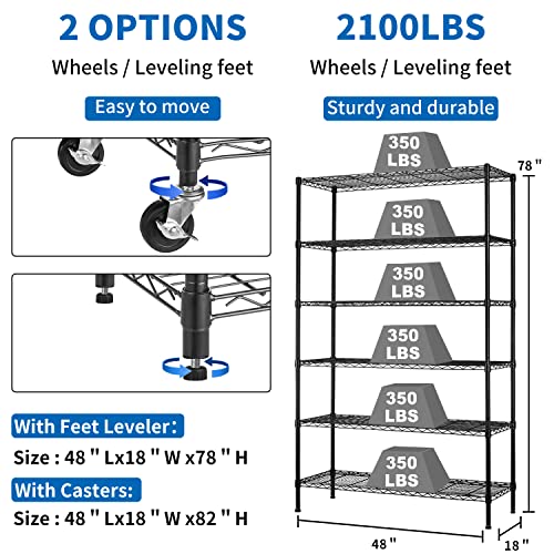 Metal Shelf 6 Tier Wire Shelving Unit with Wheels, Heavy Duty Storage Rack, Black K5176