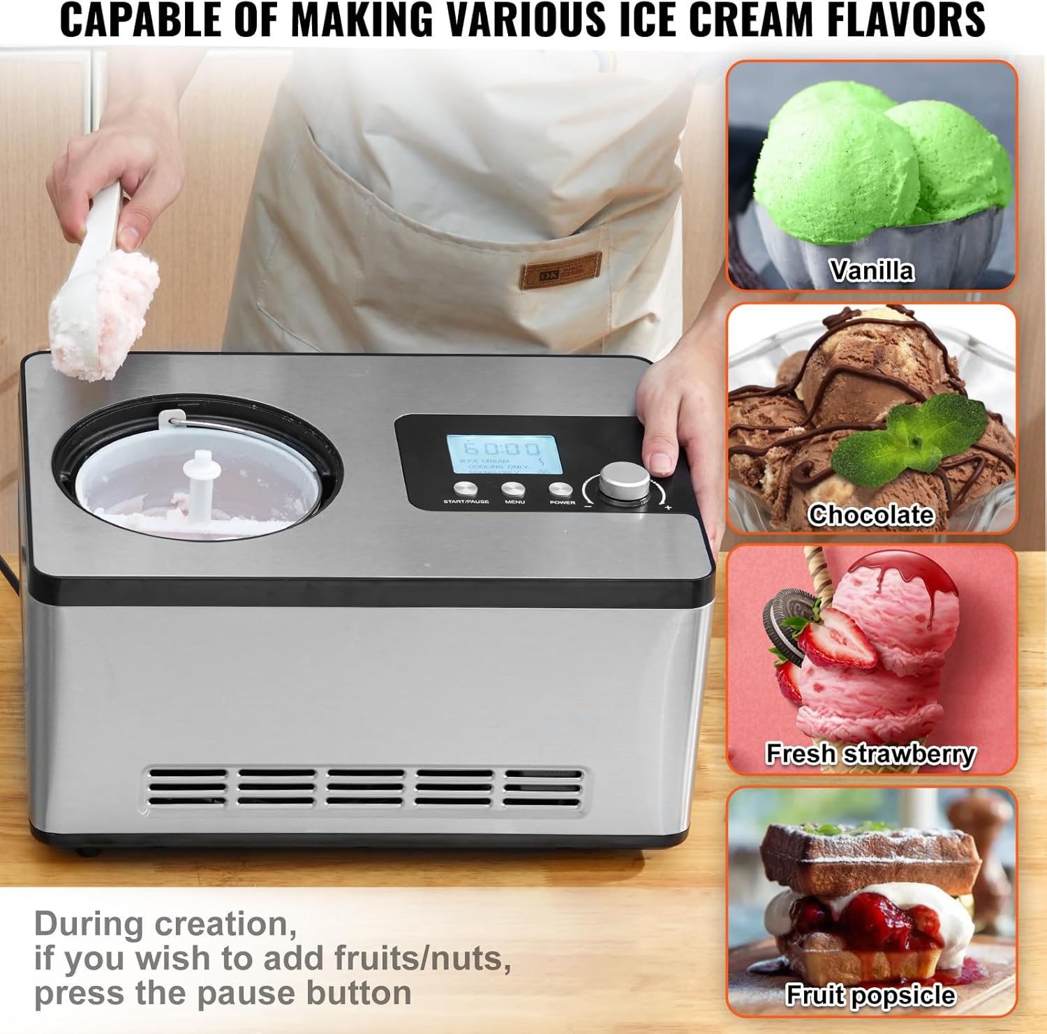 VEVOR Automatic Ice Cream Maker with Built-in Compressor, 2 Quart, Stainless Steel A17990
