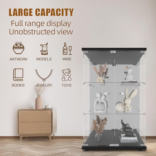 Glass Display Cabinet 4-Shelf 3 Doors with Lock, Black T935070