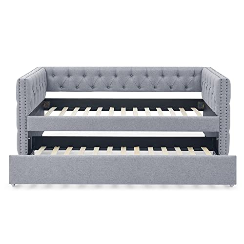 Fabric Upholstered Twin Daybed with Trundle, No Box Spring Needed F868722