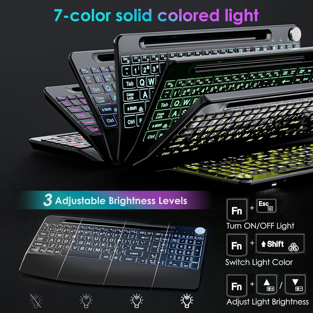 2.4G Wireless Large Print Keyboard with 7 Color Backlit, Rechargeable, Phone Holder & Wrist Rest K791