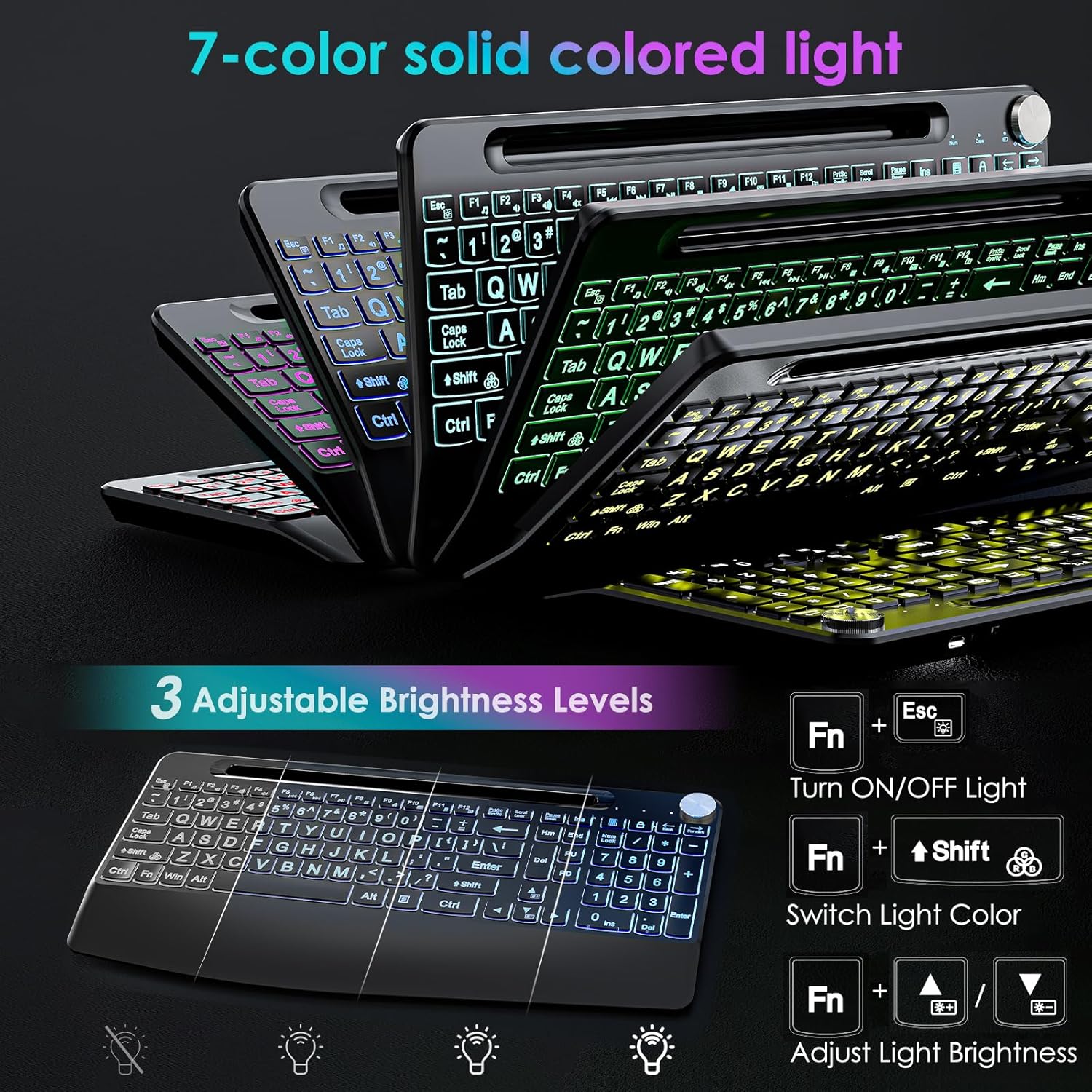 2.4G Wireless Large Print Keyboard with 7 Color Backlit, Rechargeable, Phone Holder & Wrist Rest K791