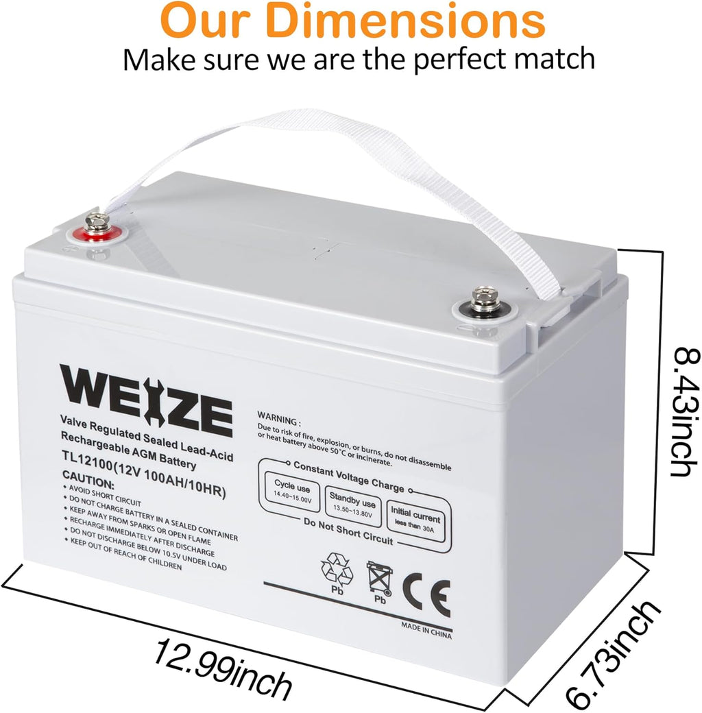 Weize 12 Volt 100Ah AGM Battery Deep Cycle Maintenance-Free for RV Solar Marine Z63482