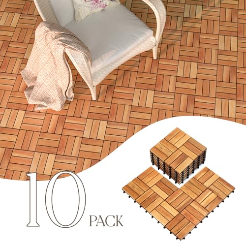 20 Pack Solid Acacia Wood Deck Tiles, Interlocking Outdoor Patio Flooring, 12"x12" Golden Teak Z91235