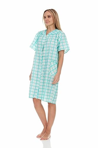 Women's Snaps Front House Dress Short Sleeve Woven Duster D127