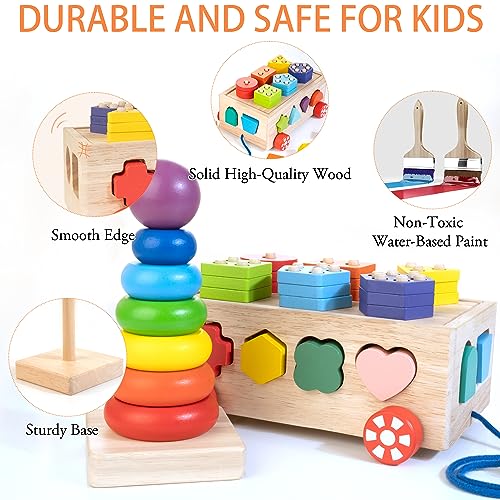 Bravmate Montessori Toys for 1 Year Old, Wooden Shape Sorter Stacking Rings, Pull Along Educational Toy J81872