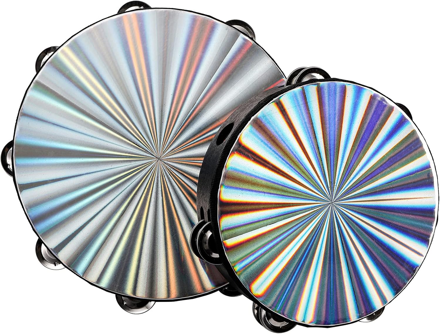 YOUEON 2 Pack Radiant Tambourine with Double Row Jingles, 8/10 Inch Wood Handbell Music Reflective Drum, Hand Drum Percussion Instrument for Church, Tambourine for Dance, Party, KTV