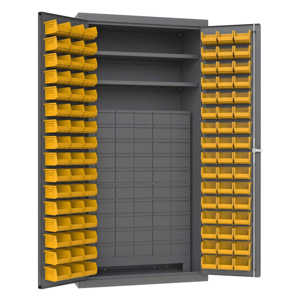 Durham 14 Gauge Welded Steel Small Parts Storage/Security Cabinet with 60 Jumbo Drawers and 96 Hook-On Bins, 3501-DLP-60DR11-96-2S-95, 1800 lbs Capacity, 24" Length x 36" Width x 72" Height,2 Shelves