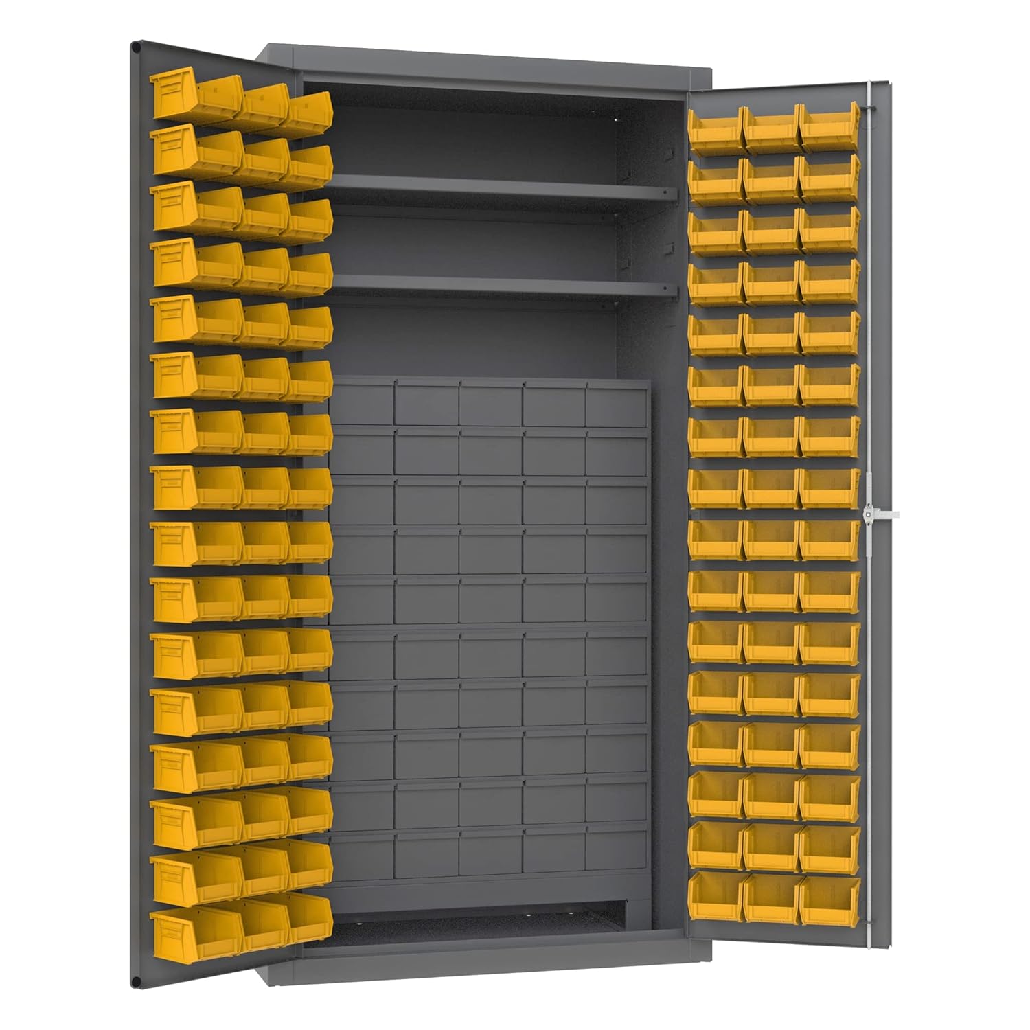 Durham 14 Gauge Welded Steel Small Parts Storage/Security Cabinet with 60 Jumbo Drawers and 96 Hook-On Bins, 3501-DLP-60DR11-96-2S-95, 1800 lbs Capacity, 24" Length x 36" Width x 72" Height,2 Shelves