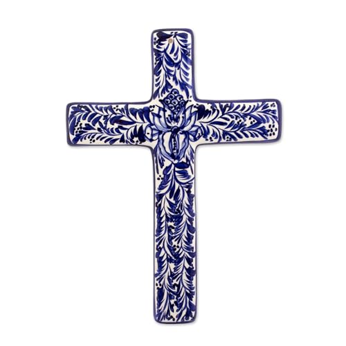 NOVICA Hand Painted Talavera Large Ceramic Wall Cross, Multicolor, 'Jerusalem Rose'