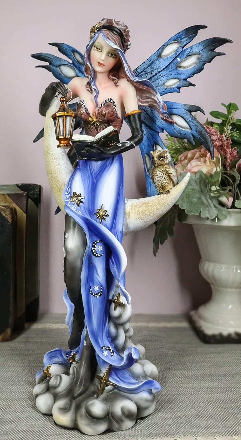Ebros Celestial Bookworm Fairy Lantern Owl Crescent Moon Statue 14" Collectible Figurine A150