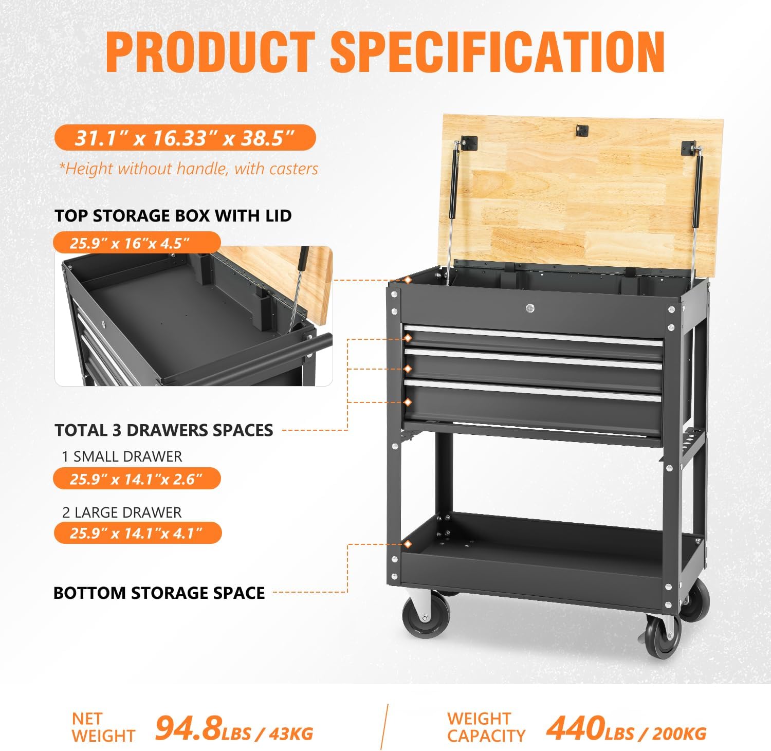 DNA MOTORING 3-Drawer Wood Top Rolling Tool Chest Cabinet with Wheels, Black G951
