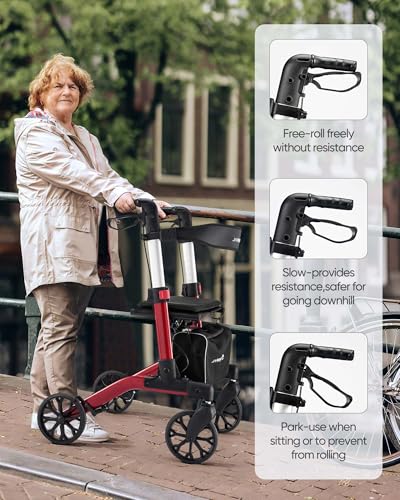 Rollator Walker with Seat, Foldable Aluminum, Height Adjustable, 8" Wheels for Seniors (Red) K5683
