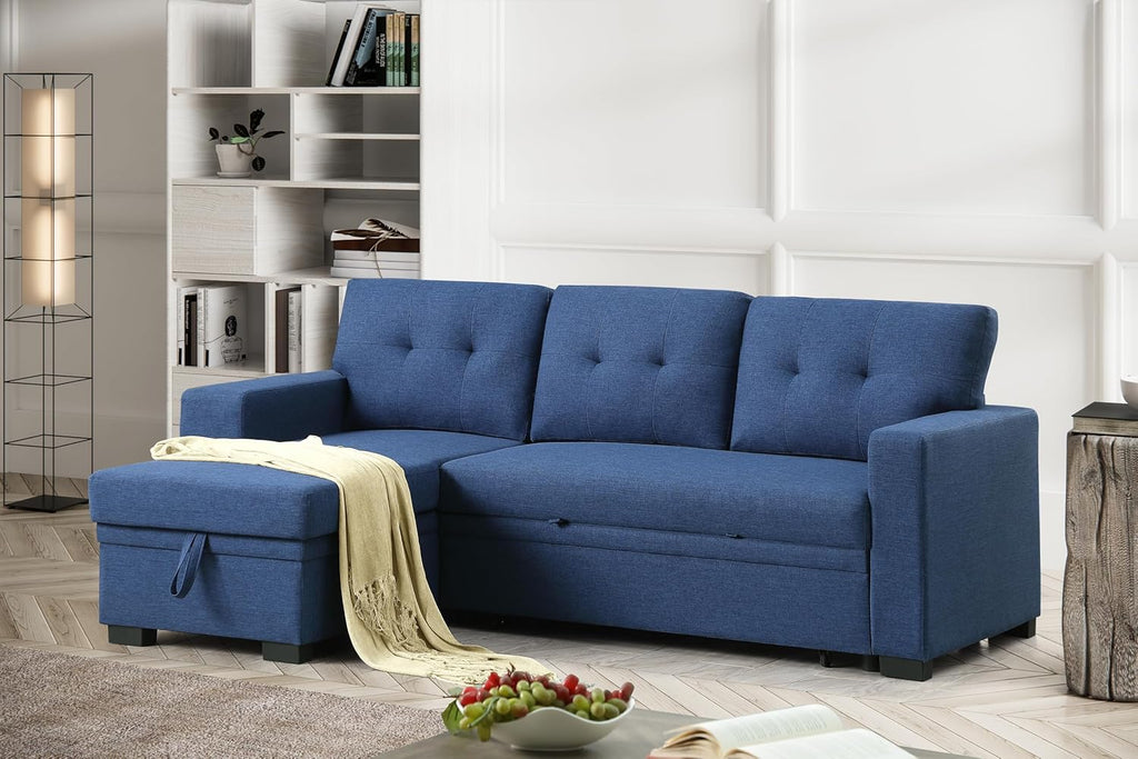 L-Shaped Sectional Sleeper Sofa with Storage Chaise and Pull-Out Bed, Blue S18057