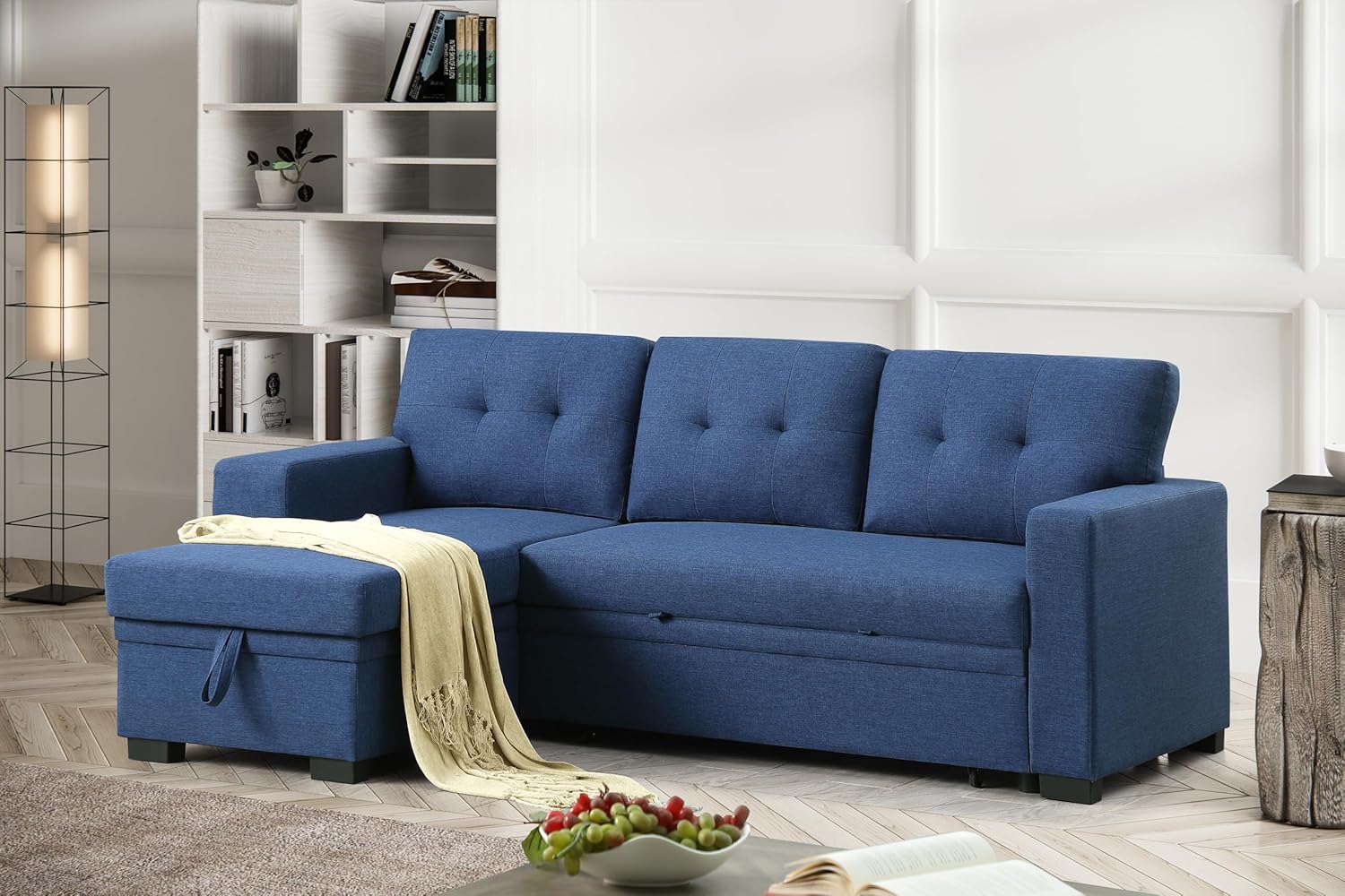 L-Shaped Sectional Sleeper Sofa with Storage Chaise and Pull-Out Bed, Blue S18057