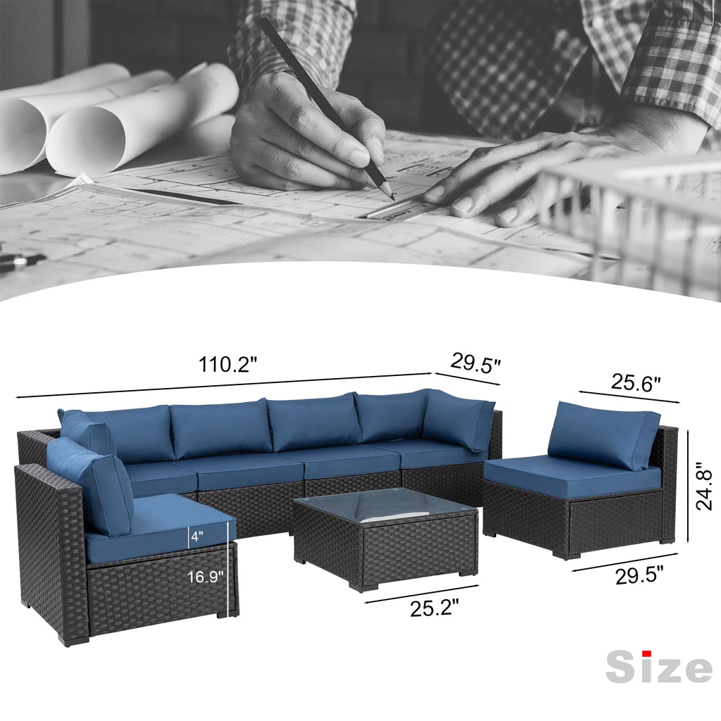 7 Piece Outdoor Sectional Sofa Set with Wicker Frame and Cushions U4327