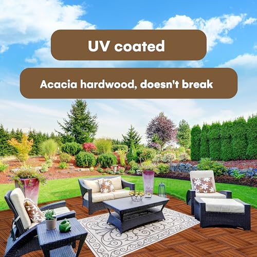 Flybold Interlocking Deck Tiles Teak Wood 12" x 12" Weather Resistant Anti-Slip Patio Pavers Pack of 10 M48059