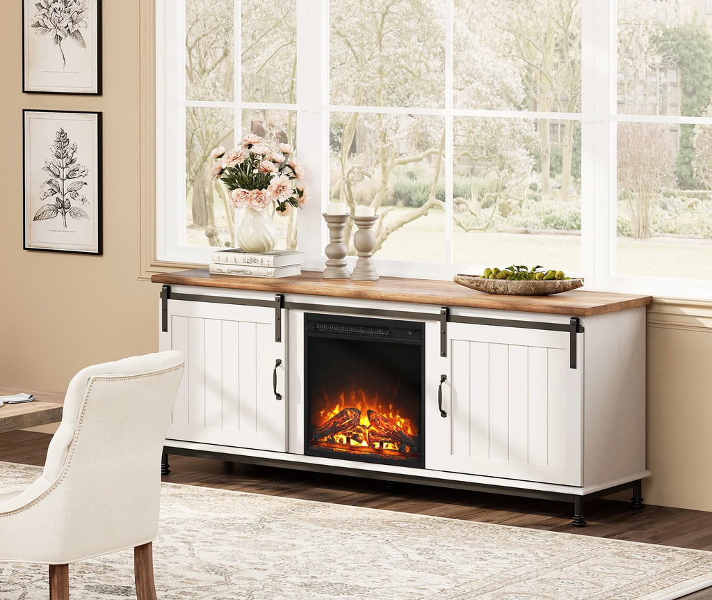 WAMPAT TV Stand with Electric Fireplace for 65 75 Inch TV, Sliding Barn Door, White I8331